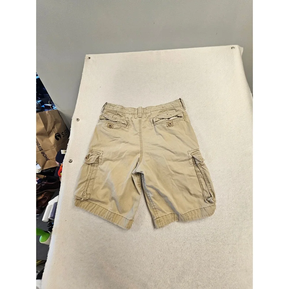 Hollister Mens Cargo Shorts Khaki Tan Size 32 Utility Pockets Distressed Logo